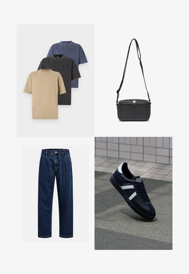 Trīs apģērba saraksta kreklu ar apaļu kakla izgriezumu beigtu, jūras zilā un pelēkā krāsā. Katrs krekls ir ar īsām piedurknēm un brīvu piegriezumu, izgatavots no mīksta kokvilnas auduma.; Tumši zilie džinsu bikses ar taisna kāju dizainu. Iezīmējas redzamas šuves, pogu aizdare un priekšējie gurni papildu detaļām.; Melnā ādas sporta apavi ar baltām svītrām, teksturēta gumijas zole un auklu aizdare. Iekļauj zīmola etiķeti uz mēles.; Melna ādas soma uz pleca ar zīmolu, slēdzamu rāvējslēdzēju un regulējamu siksnu. Gluda tekstūra un taisnstūru forma.