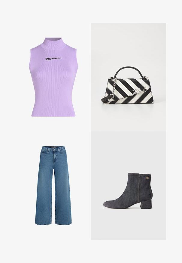 Top brez rokavov z visoko ovratnikom iz rebrastega lilastega blaga; na sprednji strani je črn logotip "KARL LAGERFELD JEANS". Gladka tekstura, oprijet silhueta.; Naberne hlače iz srednje modrega kavča, z visokim pasom, zasnovo s petimi žepi in rahlim zbledelostjo. Čista zaključna obdelava na robu in pasu.; Temno jeans škornji do gležnja s koničastim nosom, blok peto, vidnim šivanjem in subtilnim logotipom blagovne znamke na strani. Gladka tekstura.; Črna in bela črtasta torbica z obliko s strukturirano obliko, s top ročajem, odstranljivo verižico in kovinskim logotipom.