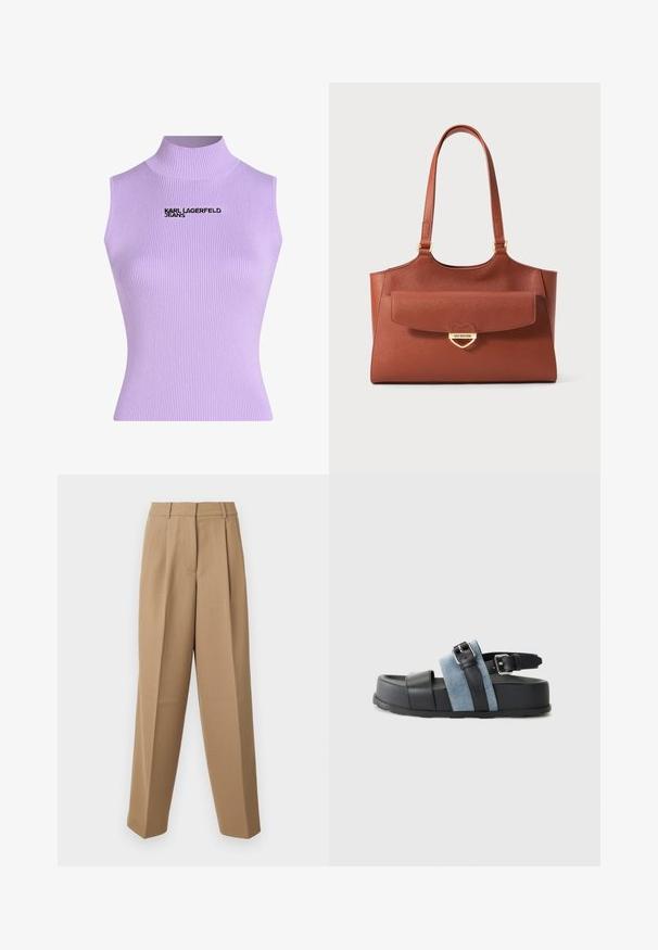 Bešnė suknelė su antkakliu iš lygaus violetinio audinio; priekyje yra juodas "KARL LAGERFELD JEANS" logotipas. Lygus paviršius, prigludusi siluetas.; Bežinės pritaikytos kelnės su aukštu liemeniu, raukšlėtu priekiu ir plačiomis kojomis. Audinys atrodo lygus, su nedideliu blizgesiu.; Juodas ir mėlynas sandalų modelis su storu platforma, pagamintas iš odos ir džinsinio audinio, su reguliuojamu sagtimi ir atviru pirštu.; Ruda odinė perkeliamąja kuprinė su ilgomis rankenomis, priekinė kišenė su dangteliu ir auksinė širdeles formos užsegimo sagtis, gravezuota "Love Moschino".