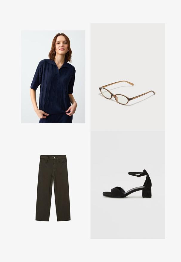 Navyblaue Poloshirt aus strukturiertem Strick mit Kragen und kurzen Ärmeln. Verfügt über ein Rautenmuster und einen geraden Saum.; Dunkelgrüne Jeans im weit geschnittenen Style, hergestellt aus einem Baumwollgemisch. Sie verfügen über einen Frontknopfverschluss, fünf Taschen und klassische Denim-Nähte.; Schwarze Wildleder-Espadrilles mit einem dünnen Knöchelriemen, offener Zehenpartie und moderatem Blockabsatz. Glatte Textur und minimale Akzente.; Braune Schildpatt-Brille mit ovalen Gläsern, dünnen Bügeln und transparenten Akzenten. Verfügt über ein dezentes Logo am Bügel. Elegantes, leichtes Design.; Braune Ledertasche mit zwei langen Griffen, strukturierte rechteckige Form, glatte Textur und dezente Nähdetails.