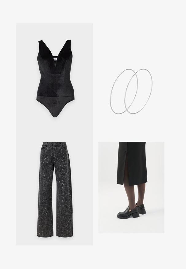 Svart bodysuit med en djup V-halsdesign, tillverkad av ett slätt, elastiskt material, med breda axelband och en figursydd silhuett.; Noisy May NMJANNEL LOOSE - Jeans relaxed fit - black denim; Svarta läderskor med rund tå, tjock klack utan häl och elastiska sidodetaljer, kombinerat med mörka strumpbyxor och en svart kjol med slits.; Silverfärgade hoopörhängen med en minimalistisk design. Cirkulär form, slät yta och tunn profil. Lätta med en polerad finish.