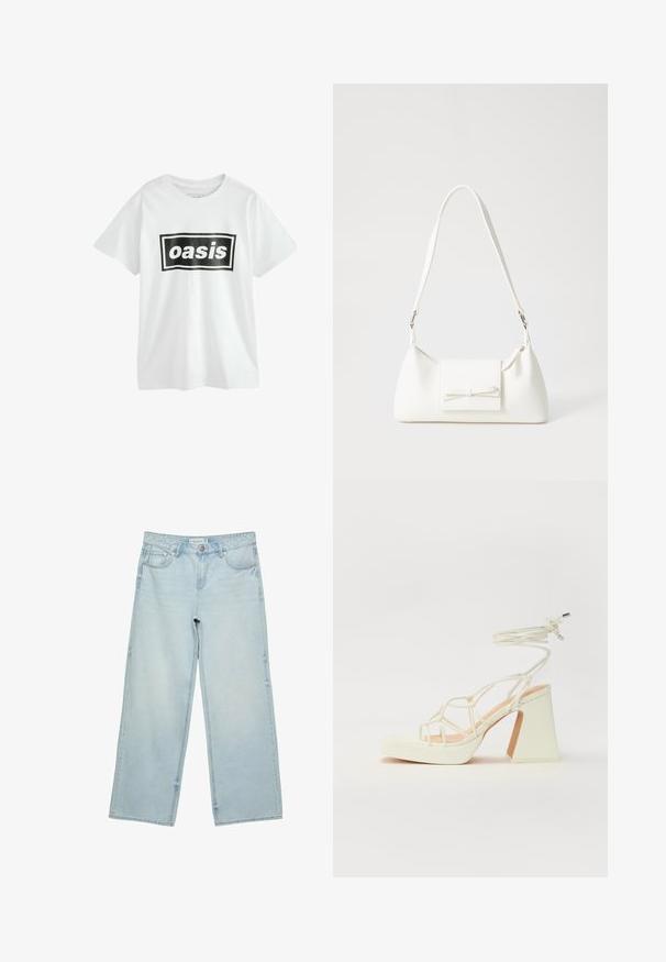 Weißes Baumwoll-T-Shirt mit einem schwarzen rechteckigen Grafik, die in fetten weißen Buchstaben "oasis" lautet, mit kurzen Ärmeln und Rundhalskragen.; Helle blaue, weite Jeans aus Denim mit hoher Taille, fünf Taschen und subtilen Ausbleichungen. Gerader Schnitt mit gesäumten Kanten.; Weiße High-Heel-Sandale mit einem klobigen Absatz, die über ein Riemchendesign und ein Knöchelband verfügt. Glatte Textur mit einer Plattform vorne für zusätzliche Höhe.; Weiße synthetische Handtasche in dreieckiger Form, flache Vorderklappe und Schleifendetail, verstellbarer Trageriemen, glatte Textur und minimalistisches Design.