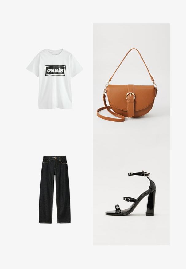 Witte katoenen T-shirt met een zwart rechthoekig grafisch ontwerp waarop "oasis" in vetgedrukte witte letters staat, met korte mouwen en een ronde hals.; Donkerdenim jeans met een rechte snit, messing knoopsluiting en contrasterende gele stiksels. Beschikt over vijf zakken en een klassieke pasvorm.; Zwarte patent lederen sandalen met hoge hakken, twee gespenbanden, een vierkante neus en een stevige blokhak, met een gladde, glanzende textuur.; Bruine leren schoudertas met een gebogen vorm, gouden hardware en een gespaccent. Bevat een afneembare schouderriem.