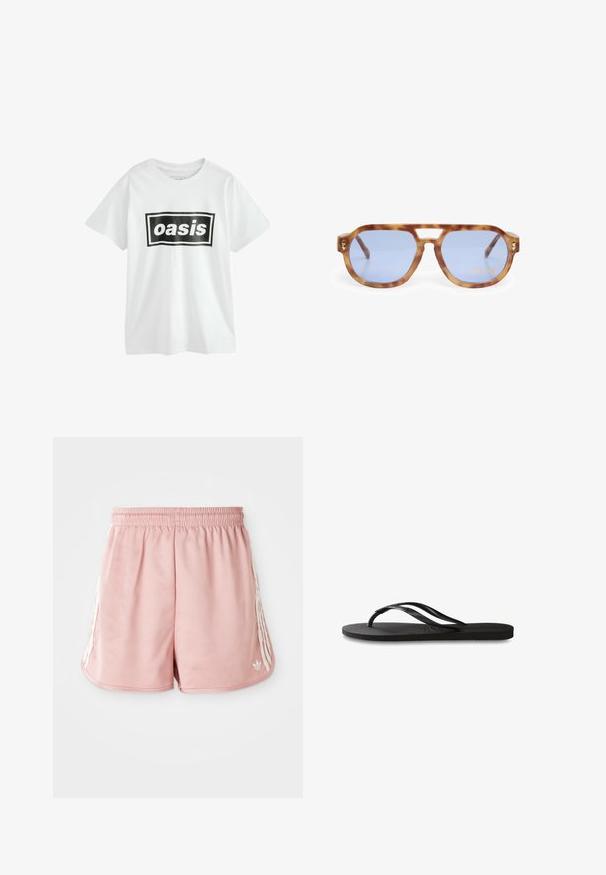 Tricou alb din bumbac cu un grafic dreptunghiular negru care scrie "oasis" cu litere albe îngroșate, având mâneci scurte și guler rotund.; Șorturi atletice roz cu un bandă elastică la talie, detalii cu dungi albe pe lateral și un logo mic în partea stângă jos. Textură de material neted.; Încălțăminte tip flip-flop neagră cu o talpă din cauciuc texturat, două bretele subțiri și un detaliu discret, embosat cu logo pe bretea.; Ochelari de soare din tortoise shell cu lentile albastre, design unghiular, ramă groasă și decupaj pentru puntea nazală; prezintă un accent auriu pe tamplă.; Geantă din paie împletită cu accente din piele maro, două mânere și curea detașabilă. Formă curbată cu o bază robustă.