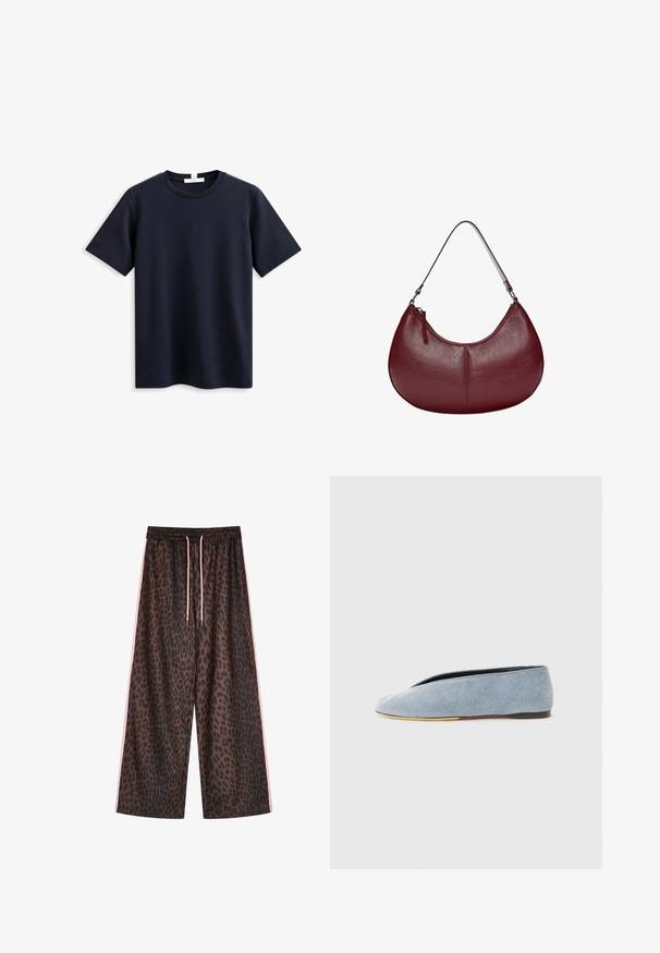 Kaos lengan pendek biru navy yang terbuat dari katun lembut, menampilkan leher bulat klasik dan potongan longgar, tanpa merek atau pola yang terlihat.; Leopardi-kuosi leveät housut ruskeina ja mustina, joissa on elastinen vyötärö pinkeillä nauhoilla ja sivuilla pinkit raidat. Sileä kangas.; Denim slip-on kengät vaaleansinisinä, joissa on sileä pinta, mantelinmuotoinen kärki ja litteä musta pohja. Minimalistinen muotoilu matalalla profiililla.; Burgundin värinen nahkalaukku, jossa on kaareva muoto. Varustettu yhdellä olkahihnalla ja ylhäältä avautuvalla vetoketjulla, esitellen sileää, tekstuurista pintaa.; Hopeaketju hopeasta, jossa on sileä, soikea riipus, jossa on kaiverrus hymyilevästä kasvosta vihreillä yksityiskohdilla. Ketjussa on toisiinsa kytkeytyviä lenkkejä.