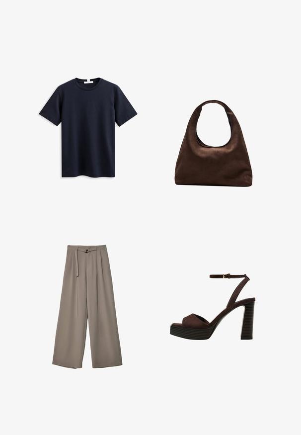 Námornícká modrá tričko s krátkým rukávem vyrobené z měkké bavlny, s klasickým kulatým výstřihem a volným střihem, bez viditelného brandingu nebo vzorů.; Kalhoty s širokými nohavicemi v měkké, tlumené šedé látce, s páskem v pase a sklady pro přidaný designový detail. Hladká textura, bez vzorů.; Hnědé semišové sandály na vysokém podpatku s otevřenou špičkou, nastavitelným páskem kolem kotníku a proužkovou platformou.; Měkká hnědá kabelka ve stylu hobo s jedním širokým popruhem a zakřiveným horním otvorem, vystavená na bílém pozadí.