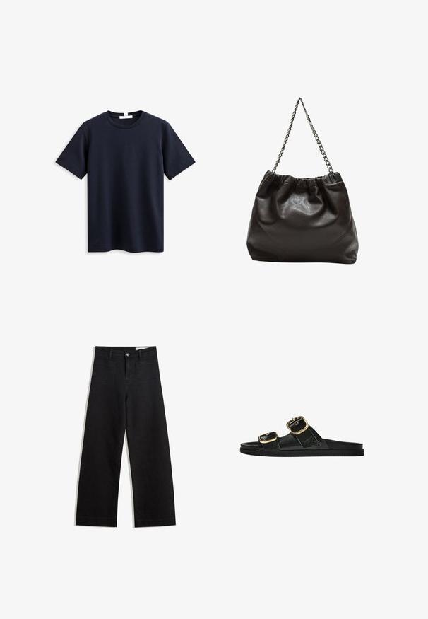 Námornícká modrá tričko s krátkým rukávem vyrobené z měkké bavlny, s klasickým kulatým výstřihem a volným střihem, bez viditelného brandingu nebo vzorů.; Černé denimové kalhoty s volným střihem a vysokým pasem, vybavené předními a zadními kapsami, prošívanými švy a knoflíkovým zapínáním. Hladká textura.; Černé kluzné sandály s dvěma zlatými sponami, hladkým texturovaným materiálem, plochou podrážkou a minimalistickým designem.; Hnědá kožená taška se sbíraným vrškem a řetízkovým popruhem. Hladký povrch s lesklým finišem a jemným švem na bocích.