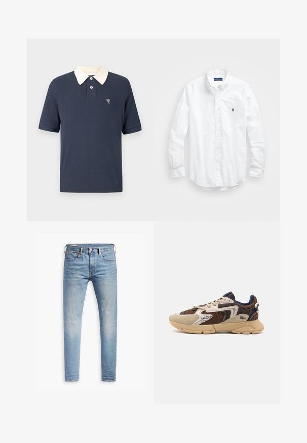 Laivaston sininen poolopaita, jossa on kermaan vivahtava kaulus, lyhyet hihat, ribbineulos, kolmipainikkeinen nappilista ja pieni kirjailtu sydänrakenne rinnassa.; Valkoinen pitkähihaisessa napitetussa paidassa, joka on valmistettu puuvillasta. Siinä on klassinen kaulus, napilliset hihansuut ja pieni tummansininen brodeerattu logo rinnassa.; Vaaleansiniset slim fit -farkut, joissa on hieman haalistumista reiden kohdalla, edessä nappisuljenta, vyölenkit ja viisi taskua valkoista taustaa vasten.; Beige ja pruun tennised tekstuursete võrgupaneelidega, sametised aktsendid ja kummist talla. Omab nöörimise disaini ja bränditud detaile.