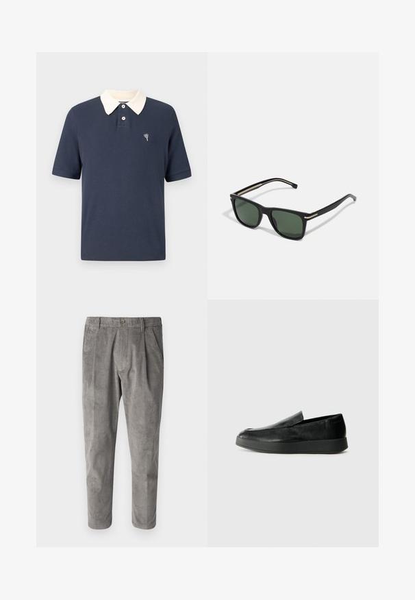 Temno modra polo majica s kremnim ovratnikom, kratkimi rokavi, rebrasto teksturo, trojčnim gumbnim preklopom in majhnim vezenim srčnim detajlom na prsih.; Sive hlače iz korduroja z teksturiranim navpičnim črtastim vzorcem, z gumbom in dvema stranskima žepoma. Prilagojen kroj in skrajšana dolžina.; Calvin Klein HYBRID CUP - Čevlji brez vezalk - triple black; BOSS Sončna očala - black