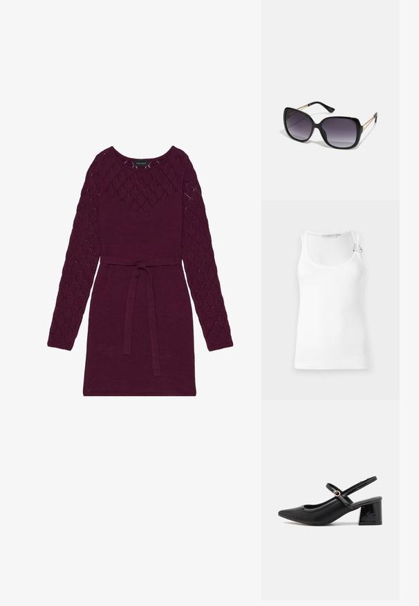 Hvid ribbet tanktop med rund halsudskæring og justerbare stropper. Glat tekstur med en tætsiddende pasform.; Bordeaux strikkjdress med lange ærmer i diamantmønster, rund halsudskæring og et matchende bælte i taljen.; Sorte patentlæder slingback hæle med spids tå, rund udskæring og blokhæl. Har en guldtonet spændeaccents.; Sorte oversized solbriller med gradientlinser, tykke stel og guldfarvet kæde detaljer på tempelarmene.; Sort håndtaske med struktureret form, glat overflade og metalspænde. Sammen med brede sorte bukser og sandaler med åben tå på trægulv.