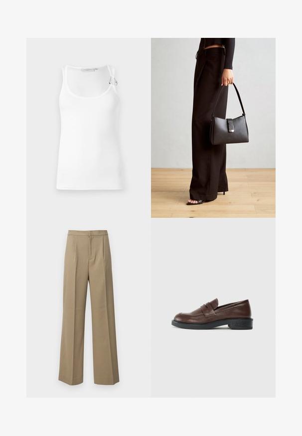 Biały prążkowany top bez rękawów z okrągłym dekoltem i regulowanymi ramiączkami. Gładka tekstura i dopasowany krój.; Beżowe spodnie o szerokich nogawkach wykonane z teksturowanej tkaniny. Posiadają fałdy z przodu i płaski pas. Bez widocznych zapięć czy kieszeni.; Brązowe skórzane mokasyny z okrągłym noskiem, z dekoracyjnym paskiem na górze oraz niskim, teksturowanym czarnym gumowym obcasem.; Czarna torebka o usztywnionym kształcie, gładkiej fakturze i metalowym zapięciem. Połączona z szerokimi czarnymi spodniami i sandałami na otwartym palcu na drewnianej podłodze.