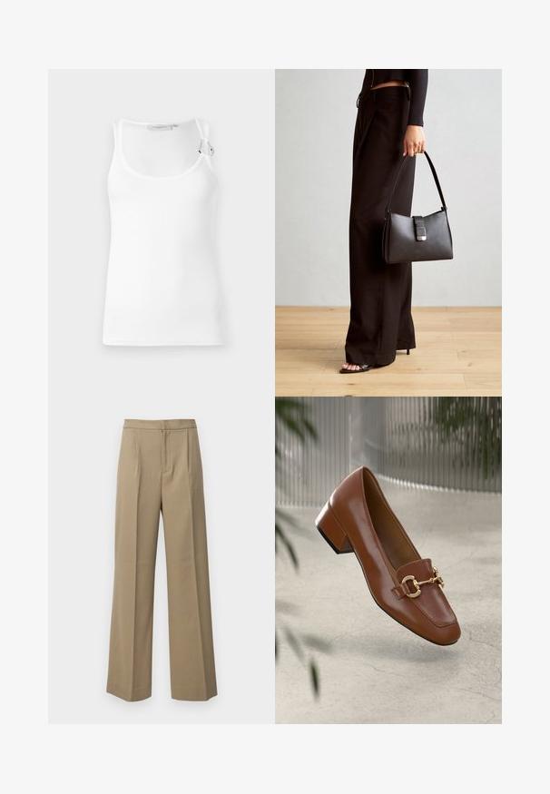 Weißes, geripptes Tanktop mit rundem Ausschnitt und verstellbaren Trägern. Glatte Textur mit körperbetontem Schnitt.; Beige weite Hosen aus einem strukturierten Stoff. Mit vorderen Falten und einem flachen Bund. Keine sichtbaren Verschlüsse oder Taschen.; Braune Lackleder-Loafer mit quadratischer Zehenpartie, metallischem Kettenakzent und niedrigem Blockabsatz; glatte Textur, minimalistisches Design.; Schwarze Handtasche mit strukturierter Form, glatter Textur und einem metallischen Verschluss. Kombiniert mit weiten schwarzen Hosen und offenen Sandalen auf einem Holzboden.