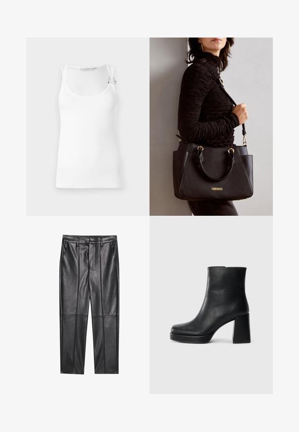 White ribbed tank top featuring a rounded neckline and adjustable strap detail. Smooth texture with a fitted shape.; Black leather trousers with a smooth texture, featuring a straight fit, two front pockets, and visible seam detailing.; Black leather ankle boot with a block heel and platform sole, viewed from the side on a plain white background.; Black handbag with textured surface, dual top handles, and adjustable shoulder strap. Features gold-tone hardware and side pockets.
