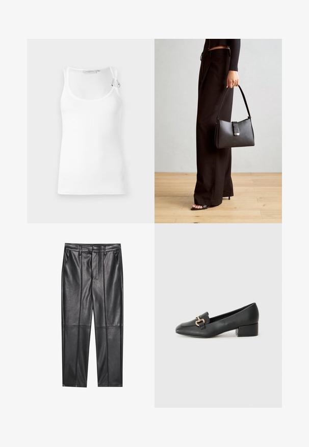 Fehér bordázott trikó, kerek nyakkivágással és állítható vállpántokkal. Simaságával és testhezálló formájával kiemelkedik.; Fekete bőrnadrág sima textúrával, egyenes szabással, két elülső zsebbel és látható varrás részletekkel.; Fekete bőr loaferek lapos talppal, dekoratív arany hardware részlettel az elején és sima felülettel.; Fekete kézi táska strukturált formával, sima textúrával és fémből készült záródással. Széles fekete nadrággal és nyitott orrú szandállal párosítva, fából készült padlón.