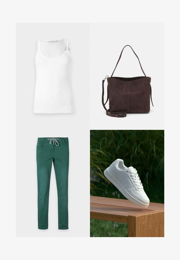 Top in cotone bianco a costine con scollatura rotonda e spalline regolabili. Tessuto liscio con una vestibilità aderente.; Pantaloni in misto cotone verde con design a gamba dritta, vita con cordoncino e due tasche frontali. Tessuto liscio e senza fantasie.; Sneaker bianco con tomaia in sintetico liscio, punta perforata, lacci piatti e suola testurizzata, esposto su una superficie di legno.; Borsa a spalla in suede marrone con una texture morbida, caratterizzata da una singola tracolla e un'apertura superiore leggermente curvata. Nessun dettaglio hardware visibile.