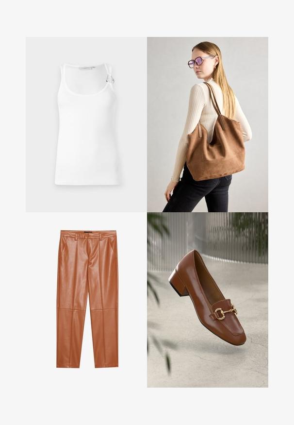 Biela rebrovaná tielko s okrúhlym výstrihom a detailom nastaviteľných ramienok. Hladká textura s priliehavým strihom.; Hnedé nohavice z umelého kože s prispôsobeným strihom, s prednými záhybmi a rovnými nohavicami. Hladká textura bez viditeľných kovových prvkov alebo akcentov.; Hnedé lakované kožené loafers s hranatou špičkou, kovovým reťazovým akcentom a nízkym blokovým podpätkom; hladká textúra, minimalistický dizajn.; Hnedá semišová taška na rameno s mäkkou textúrou, veľkým otvorom a dlhými popruhmi. Má jednoduchý dizajn s viditeľným šitím a bez kovových prvkov.