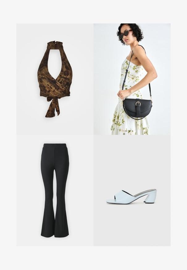 Brown halter top with a deep V-neck and wrap design, featuring floral patterns and textured fabric; ties at the waist.; Black flared trousers made from stretchy fabric. Features a high waistband and a smooth, fitted design that flares from the knee downward.; Light blue open-toe heeled mules with a geometric design, featuring a wide strap across the foot and a chunky, angular heel.; Black leather handbag with a curved shape, detachable strap, and gold hardware. The bag features a flap with a buckle detail.