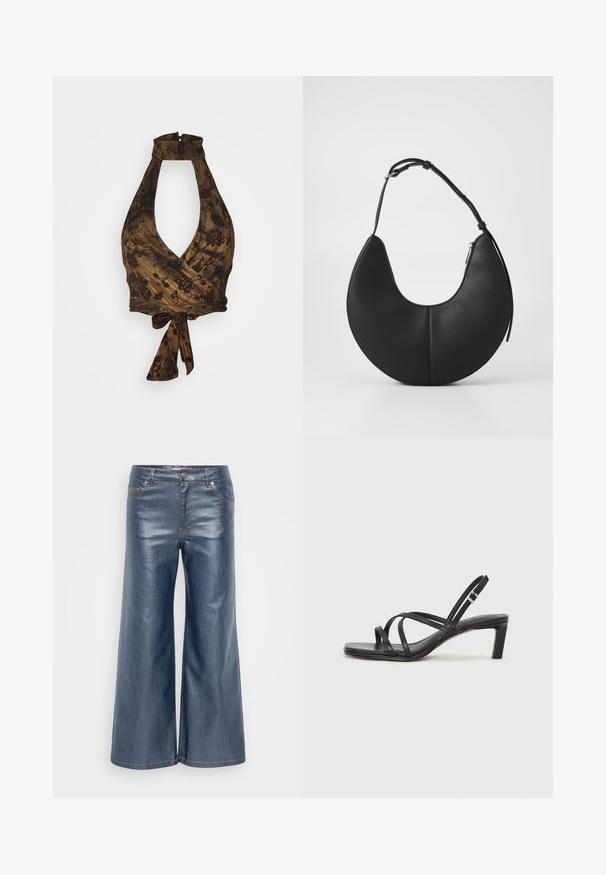 Top halter maro cu decolteu în formă de V adânc și design înfășurat, prezentând modele florale și țesătură texturată; se leagă la talie.; Pantaloni din denim cu picioare largi, de culoare albastru închis, având o textură fină, design cu cinci buzunare și cusături contrastante. Închidere frontală cu buton și fermoar.; Sandal cu barete negre, cu vârf pătrat și toc mic de bloc. Prezintă mai multe barete subțiri și o bareta ajustabilă la gleznă. Fabricat din piele netedă.; Geantă de mână din piele neagră în formă de semilună, cu o textură netedă, o singură curea ajustabilă și închidere cu fermoar pe partea laterală.