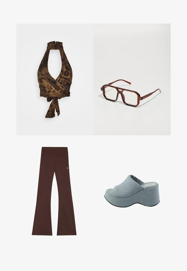 Top halter marrón con un profundo escote en V y diseño envolvente, con patrones florales y tejido texturizado; se ata en la cintura.; Pantalones marrones acampanados de tejido suave, con una cinturilla ancha, textura lisa y un pequeño logo en el lateral.; Chancla de plataforma de color azul claro con parte superior de tela deshilachada, diseño de punta abierta, suela gruesa y redondeada, y suela gris texturizada.; Gafas grandes y transparentes de color marrón con lentes rectangulares y patas delgadas. Esquinas ligeramente redondeadas y en ángulo, con acentos de hardware visibles.