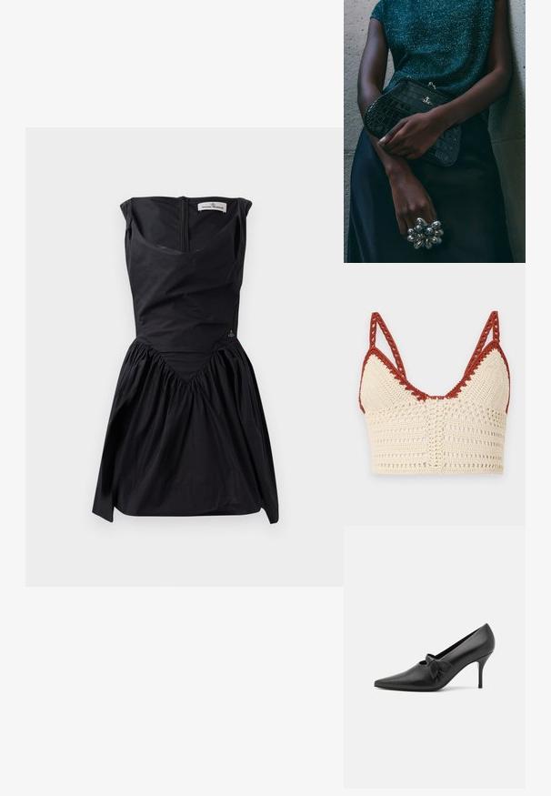 Szydełkowy biustonosz w kolorze kremowym i rdzy, z trójkątnymi miseczkami, regulowanymi ramiączkami oraz ażurową teksturą z misternymi detalami.; Czarna sukienka bez rękawów z usztywnioną górą, marszczonym dołem i detalu szwu w kształcie litery V. Posiada zamek błyskawiczny z tyłu oraz subtelny akcent z logo.; GIABORGHINI ARTEMIS czarny; Czarna kopertówka w wzór krokodyla z srebrnymi akcentami, trzymana na szarym, teksturowanym tle. Posiada błyszczącą powierzchnię.