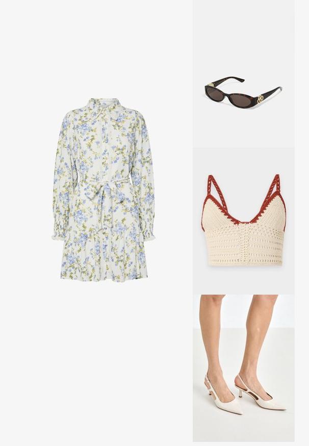 Häkeltop in Creme und Rost mit dreieckigen Cups, verstellbaren Trägern und einer offenen Struktur mit detaillierten Verzierungen.; Blumenkleid in Weiß mit blauen und grünen Blumen, mit einem Kragen, durchgehender Knopfleiste, langen Ärmeln mit elastischen Bündchen und einem Taillengürtel.; Beige Lackleder Slingback-Absätze mit spitzem Fuß und 5 cm Absatz, mit ausgeschnittenen Seiten und einem schmalen Knöchelriemen.; Schildpatt-Sonnenbrille mit länglich-ovalen Gläsern, braunem Farbton, goldenen Logo-Akzenten an den Bügeln und schlanken schwarzen Bügeln.; Beige gemusterte Handtasche mit geschwungener Form, Lederakzenten und einem goldfarbenen Logo auf der Vorderseite. Verfügt über einen kurzen Griff für einfaches Tragen.; Perlen- und Kristallhalskette mit einem runden, perlenbesetzten Design in sanften Farbtönen, das abwechselnd Perlen und funkelnde Akzente zeigt, um den Hals getragen.