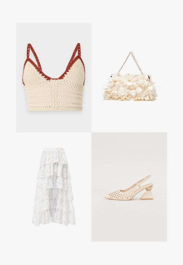 Bralette all'uncinetto in crema e ruggine, con coppe triangolari, spalline regolabili e una trama aperta con dettagli intricati.; Gonna di pizzo bianca con un design a strati e bordi scallop. Il materiale presenta un motivo floreale e una texture che creano un aspetto stratificato.; Scarpa slingback beige con tomaia perforata, punta affilata e un tacco triangolare a contrasto con un accento dorato. Texture liscia nel complesso.; Borsa a mano floreale bianca con superficie in tessuto arricciato, tracolla in catena dorata e chiusura in metallo. Presenta petali testurizzati per un tocco di dettaglio in più.; Lauren Ralph Lauren COLLAR - Collana - gold-coloured/white