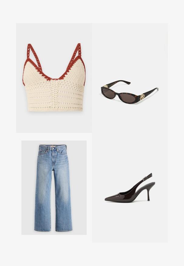 Häkeltop in Creme und Rost mit dreieckigen Cups, verstellbaren Trägern und einer offenen Struktur mit detaillierten Verzierungen.; Helleblaue Jeans mit weitem Bein und hoher Taille, mit ausgewaschenen Stellen, fünf Taschen und Kontrastnähten. Klassische Knopf- und Reißverschlussöffnung.; Slingback-Pumps aus glänzendem dunklen braunen Lackleder, mit spitzer Zehenpartie, offenen Seiten und verstellbarem Knöchelriemen.; Schildpatt-Sonnenbrille mit länglich-ovalen Gläsern, braunem Farbton, goldenen Logo-Akzenten an den Bügeln und schlanken schwarzen Bügeln.; Goldwirbel-Ohrringe mit klarem Verschluss, die über texturierte Goldakzente und kleine, klare Edelsteine im Design verfügen.