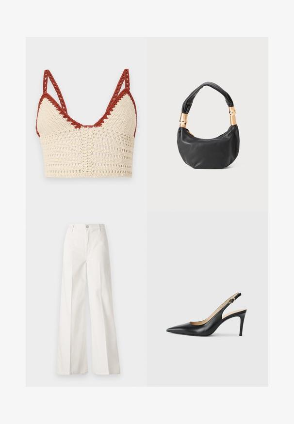 Gehaakte bralette in crème en roest, met driehoekige cups, verstelbare bandjes en een open geweven textuur met ingewikkelde details.; Witte wijde-broek gemaakt van katoen met een gladde textuur. Voorzien van een knoop aan de voorkant, ritsopening en vierzakkenontwerp.; Zwarte leren slingback-hakken met een spitse neus, verstelbare band en een elegante stiletto-hak, met een gladde afwerking.; Zwarte leren handtas met een ronde vorm, zachte textuur en een geknoopt handvat met gouden hardware accenten. Met rits sluiting.