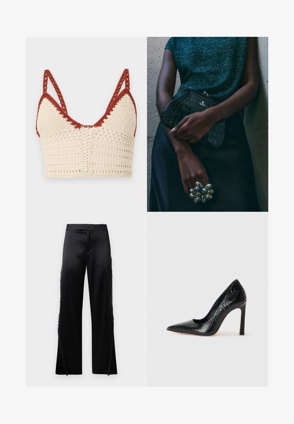 Gehaakte bralette in crème en roest, met driehoekige cups, verstelbare bandjes en een open geweven textuur met ingewikkelde details.; Zwarte satijnen broek met brede pijpen, voorzien van franjes langs de zijnaden en een platte tailleband aan de voorkant. Eenvoudige achterkant zonder zakken.; Zwarte puntige hoge hak schoen met een krokodillenleren textuur, met een slank ontwerp, hoge stiletto-hak, en een gladde zwarte binnenkant.; Zwarte clutch met krokodillenpatroon en zilverkleurige hardware, vastgehouden tegen een gestructureerde grijze achtergrond. Heeft een glanzend oppervlak.