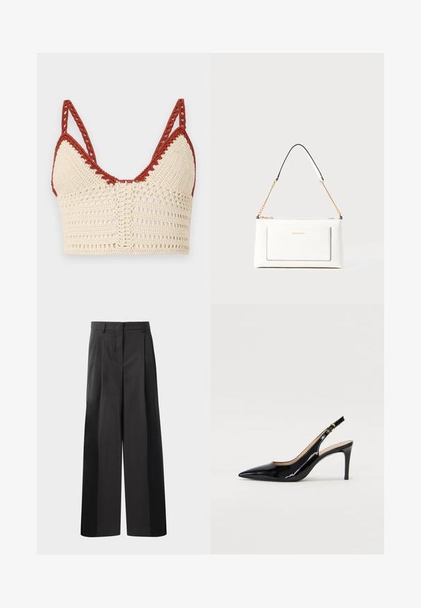 Gehaakte bralette in crème en roest, met driehoekige cups, verstelbare bandjes en een open geweven textuur met ingewikkelde details.; Zwarte wijde broek met hoge taille, met voorplooien, een gladde textuur en een nette afwerking. Ontworpen voor een ontspannen pasvorm.; Zwarte gepatineerde leren slingback pump met een puntige neus, slanke hak en een subtiel uitgesneden ontwerp. Bevat een gouden gesp op de band.; Witte leren handtas met een textuurafwerking, voorzien van een gouden schouderhengsel en zwarte accenten. Inclusief een voorvak en ritssluiting.