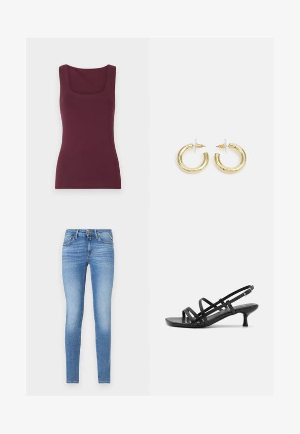 Burgundijas bez piedurknēm tops ar kvadrātu dekoltē, izgatavots no mīksta, elastīga auduma, ar pieguļošu siluetu un gludu tekstūru.; Šauri gaismis zili džinsi ar vidēju jostas augstumu, priekšējo pogu un piecu kabatu dizainu.; Melni papēžu sandales ar vairākiem krustveida siksnām. Gluda materiāla, norādīta purngala un šaura papēža. Regulējama potītes siksna ar sprādzīti.; Zelta auskari ar gludu, spīdīgu apdari. Apaļš dizains, kas ietver mazu tapu un caurspīdīgu pamatni drošai valkāšanai.