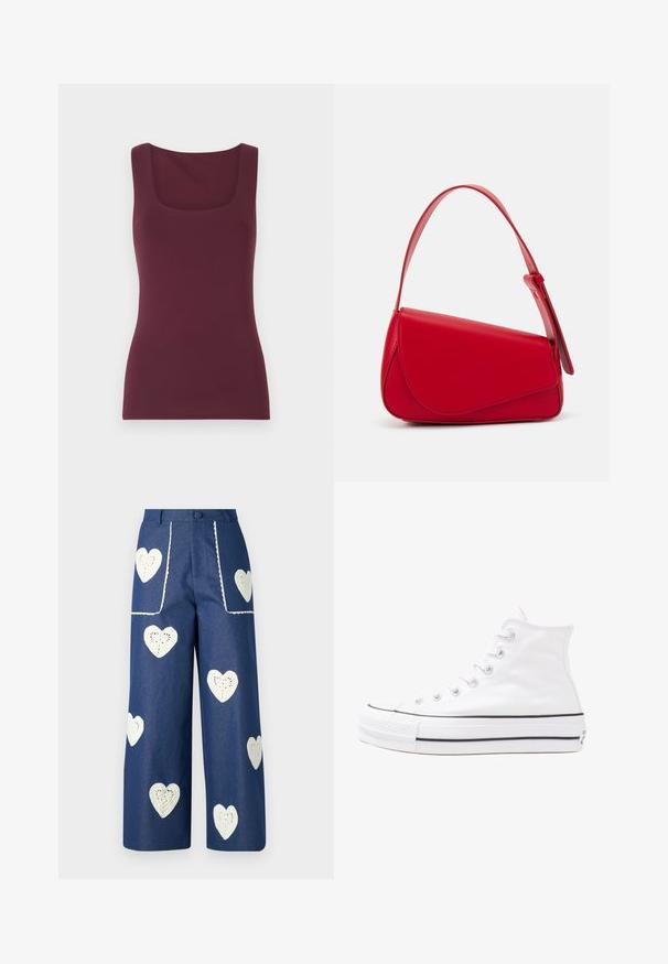 Burgundska brezrokavna majica s kvadratnim izrezom, izdelana iz mehke, raztegljive tkanine, s prilegajočo silhueto in gladko teksturo.; Sister Jane HEART TO HEART - Ravne kavbojke - blue denim; Beli visoki platneni športni čevelj z črnim gumijastim podplatom, sprednjim gumijastim zaščitnikom za prste in šestimi luknjicami za vezalke, ki se ponaša s preprostim, minimalističnim dizajnom.; Rdeča usnjena torba z angularnim, geometrijskim dizajnom. Ima en samostoječ nastavljiv ročaj in pokrov, zaprt z zapiranjem, ki je okrašen s šivi.