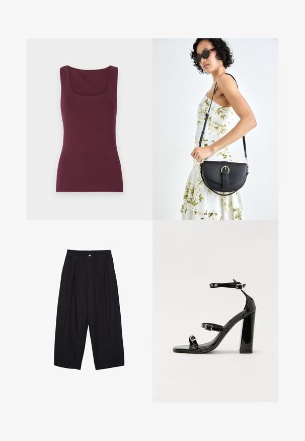 Bordo bezrukišni top s kvadratnim izrezom, izrađen od mekog, rastezljivog materijala, s prilagođenim krojem i glatkom teksturom.; Crne poliester hlače culotte s elastičnim pojasom, dva prednja nabora i širokim krojem. Nema vidljivih uzoraka ili metalnih detalja.; Crne lakirane sandale na pete sa kvadratnim nosom, trakama oko gležnja i srebrnim kopčama. Imaju čvrst blok petu za stabilnost.; Crna kožna torba s lukovitim oblikom, odvojivim remenom i zlatnim detaljima. Torba ima preklop s kopčom.