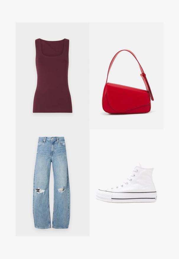 Top senza maniche color bordeaux con scollo quadrato, realizzato in tessuto morbido ed elasticizzato, caratterizzato da una silhouette aderente e una texture liscia.; Jeans azzurri chiari a vita alta realizzati in denim. Presentano gambe larghe, due aree strappate sulle ginocchia e il classico styling a cinque tasche.; Sneaker alta in tela bianca con suola in gomma nera, punta in gomma frontale e sei asole per i lacci, caratterizzata da un design pulito e minimalista.; Borsa a tracolla in pelle rossa con un design angolare e geometrico. Presenta una singola tracolla regolabile e una chiusura a patta con dettagli cuciti.