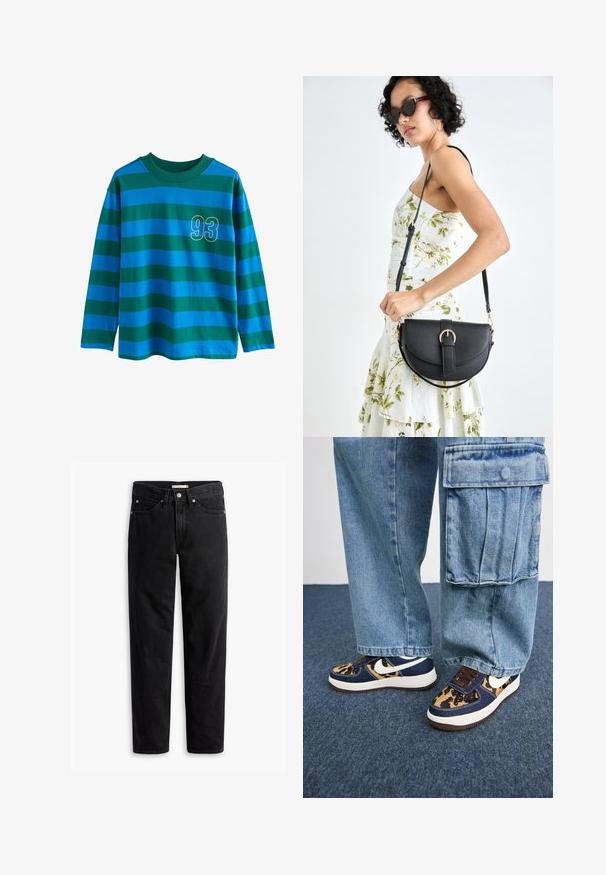 Pikend varrukatega särk, millel on sinised ja rohelised horisontaalsed triibud, ümar kaelus ning rinnal kollase äärisega number "93".; Mustad sirged püksid, millel on nööp ja tõmblukk, vöökohal konksud ning ees ja taga taskud, asetatud lamedale valgele taustale.; Tumed sinised tennised leopardimustriga aktsentide, valge Nike logoga, pruunide paelte ja valge vaheosaga. Kombineeritud heledate denimpükstega.; Mustmust mustraha kõverate joontega, eemaldatava rihmaga ja kuldsete detailidega. Kotil on klapp, millel on pandladetail.