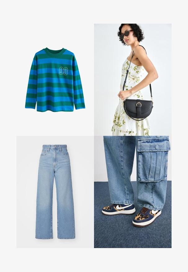 Camisa de manga larga con rayas horizontales azules y verdes, cuello redondo y el número "93" contorneado en amarillo en el pecho.; Jeans de tiro alto y pernera ancha en azul claro, con cierre frontal de botón y cremallera, y bolsillos delantero y trasero, sobre un fondo blanco.; Zapatillas azul marino con acentos de estampado de leopardo, swoosh blanco de Nike, cordones marrones y media suela blanca. Combinadas con pantalones cargo de mezclilla claros.; Bolso de piel negra con forma curva, correa desmontable y herrajes dorados. El bolso cuenta con una solapa con un detalle de hebilla.