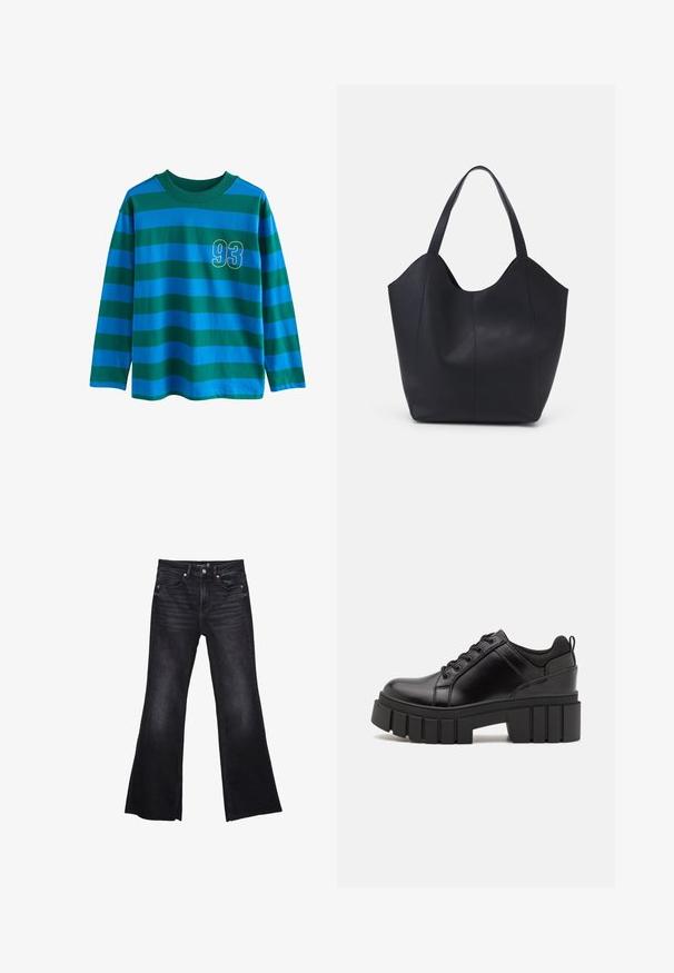 Langærmet skjorte med blå og grønne vandrette striber, rund hals, og et gult omrids nummer "93" på brystet.; Sorte flared jeans lavet af denim med en let falmet tekstur. Har frontlommer, lynlås og synlige stikninger.; Sorte læder platform sko med en klodset blokhæl, rund tå og traditionelt snøredesign. Har en glat tekstur og minimal detaljering.; Sort tote taske lavet af glat læder, med en buet, åben top, to skulderstropper og et minimalistisk design.