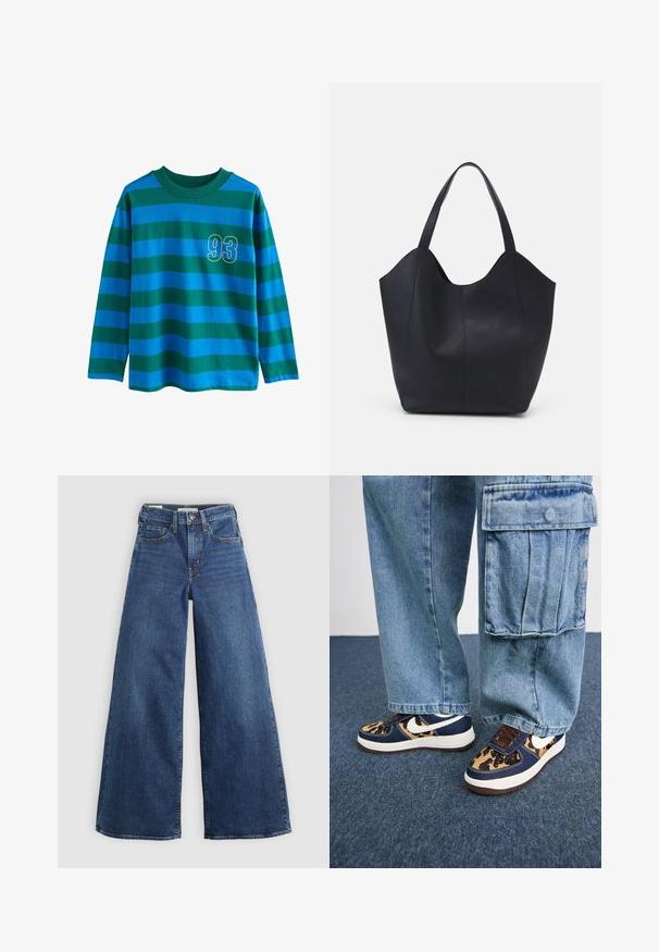 Langarmshirt mit blauen und grünen horizontalen Streifen, Rundhalsausschnitt und einer gelb umrandeten Zahl "93" auf der Brust.; Weite blaue Jeans aus Denim mit fünf Taschen, einem Knopfverschluss und Kontrastnähten, die eine weiche und strukturierte Oberfläche aufweisen.; Marineblaue Sneakers mit Leopardenmuster-Akzenten, weißem Nike-Swoosh, braunen Schnürsenkeln und weißer Zwischensohle. Kombiniert mit hellblauen Cargo-Hosen aus Denim.; Schwarze Tote-Bag aus glattem Leder, mit einem abgerundeten, offenen Oberteil, zwei Schulterträgern und einem minimalistischen Design.