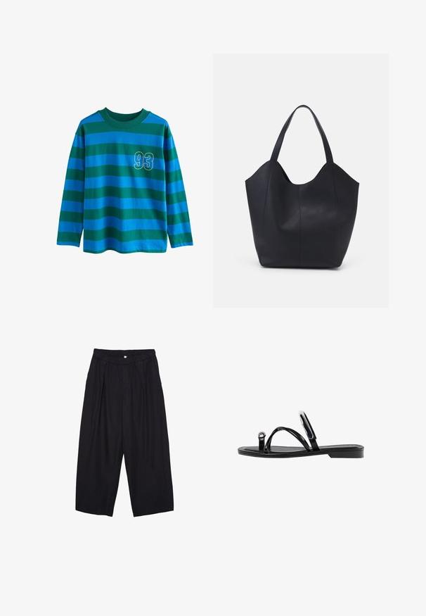 Srajca z dolgimi rokavi z modro in zeleno vodoravnimi črtami, okroglo izrezana, z rumeno obrobljeno številko "93" na prsih.; Črne poliesterske culotte hlače z elastičnim pasom, dvema sprednjima nabiranjema in ohlapnim krojem. Brez vidnih vzorcev ali kovinskih detajlov.; Črne ravne sandale s sijajno končno obdelavo, tremi tankimi trakovi in okroglo kovinsko podrobnostjo na prstih. Elegantna zasnova z minimalnim peto.; Črna torba v obliki tote iz gladke usnjene površine, ki ima ukrivljen odprt vrh z dvema naramnicama in minimalističnim dizajnom.