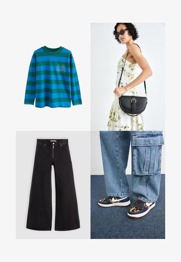 Camisa de manga larga con rayas horizontales azules y verdes, cuello redondo y el número "93" contorneado en amarillo en el pecho.; Jeans de pierna ancha en denim negro con cierre frontal, diseño de cinco bolsillos y detalles de costura sutiles. Textura suave y estilo casual.; Zapatillas azul marino con acentos de estampado de leopardo, swoosh blanco de Nike, cordones marrones y media suela blanca. Combinadas con pantalones cargo de mezclilla claros.; Bolso de piel negra con forma curva, correa desmontable y herrajes dorados. El bolso cuenta con una solapa con un detalle de hebilla.