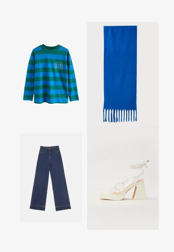 Camisa de manga larga con rayas horizontales azules y verdes, cuello redondo y el número "93" contorneado en amarillo en el pecho.; Jeans de pierna ancha en denim azul oscuro. Presenta cinco bolsillos, trabillas para cinturón y un dobladillo sin acabados en la parte inferior con detalles de costura visibles.; Sandalia de tacón alto blanca con un tacón grueso, que presenta un diseño de tiras y un lazo en el tobillo. Textura suave con una plataforma en la parte delantera para mayor altura.; Bufanda azul con flecos, hecha de un tejido suave; presenta un color sólido con una superficie texturizada y flecos cortados de manera uniforme en la parte inferior.