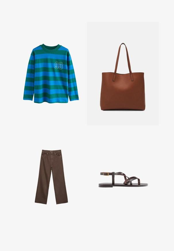 Langærmet skjorte med blå og grønne vandrette striber, rund hals, og et gult omrids nummer "93" på brystet.; Bredde ben brun denim jeans med høj talje, forlommer og klassisk knaplukning. Glat tekstur med diskret syninger.; Brune lædersandal med krydsende stropper, ankelspænde og en flad sål med minimale syninger.; Brun læder tote taske med en glat overflade, åben topdesign og to skulderremme. Har minimal syning og ingen synlig hardware.