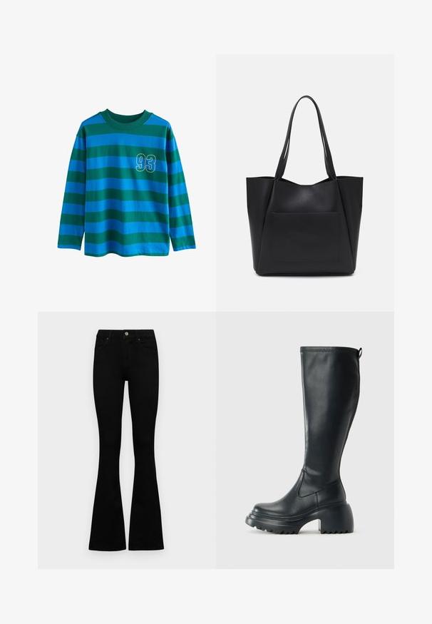 Tričko s dlhým rukávom s modro-zelenými horizontálnymi pruhmi, s okrúhlym výstrihom a žltým číslom "93" na hrudi.; Čierne vysoké nohavice s gombíkom a zipsom, predné vrecká a rozšírené nohavice položené na bielom pozadí.; Vysoká čierna kožená čižma s masívnou platformou a blokovým podpätkom, s praktickým pútkom a textúrovaným vzorom na podošve.; Čierna taška na rameno vyrobená z hladkého syntetického materiálu, s dvoma dlhými rúčkami a prednou vreckom na sklzu. Otvorený vrch s ostrým dizajnom.