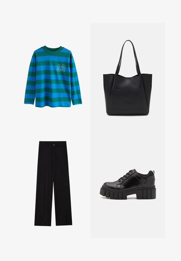 Dlouhý rukáv košile s modro-zelenými vodorovnými pruhy, kulatým výstřihem a žlutě orámovaným číslem "93" na hrudi.; Široké černé kalhoty vyrobené z hladkého materiálu, s předními kapsami a zapínáním na knoflík v pase. Minimalistický design bez vzorů.; Černé kožené platformové boty s masivním blokovým podpatkem, kulatou špičkou a tradičním šněrováním. Mají hladký povrch a minimální detaily.; Černá taška přes rameno vyrobená z hladkého syntetického materiálu, s dvěma dlouhými uchy a přední kapsou na zip. Otevřený vrch s ostrým designem.