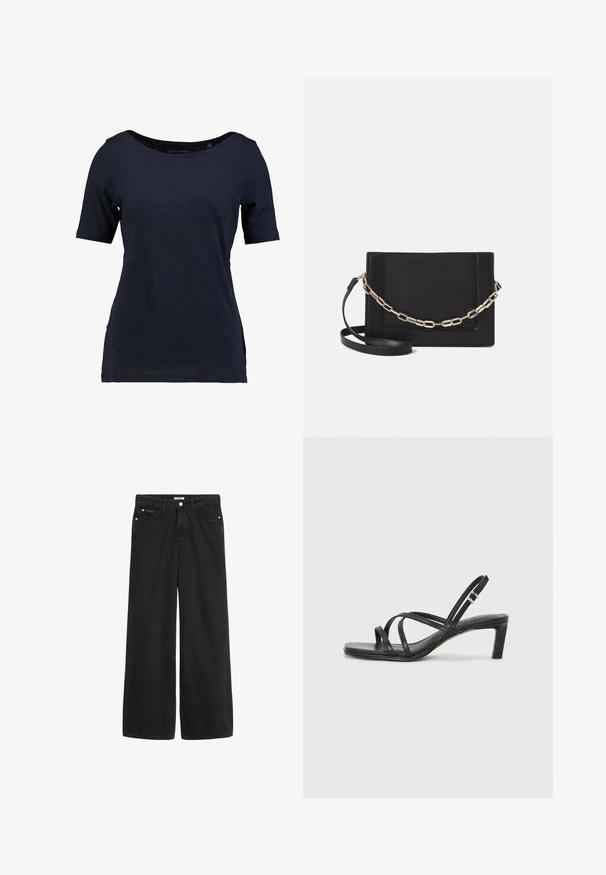 Tyrkysové tričko s krátkým rukávem vyrobené z bavlny. Disponuje kulatým výstřihem a uvolněným střihem s bočními rozparky pro snadný pohyb.; Kovové konce, pět kapes a čistá úprava. Textura je hladká a měkká.; Černé sandály na tenkém podpatku se čtveratou špičkou a nízkým blokovým podpatkem. Mají několik tenkých popruhů a nastavitelné zapínání okolo kotníku. Vyrobeny z hladké kůže.; Černá kožená crossbody taška s hladkým povrchem, obdélníkovým tvarem a kovovým řetízkem na přední straně. Součástí je nastavitelný popruh.
