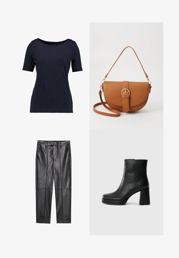 T-shirt azul-marinho de manga curta feito de algodão. Apresenta um decote em forma de barco e um corte solto com fendas laterais para maior liberdade de movimento.; Calças de pele preta com uma textura suave, apresentando um ajuste reto, dois bolsos frontais e detalhes de costura visíveis.; Bota de couro preta até ao tornozelo com salto bloco e sola com plataforma, vista de lado sobre um fundo branco liso.; Bolsa transversal de couro castanho com um formato curvado, ferragens douradas e um detalhe de fivela. Inclui uma alça de ombro destacável.