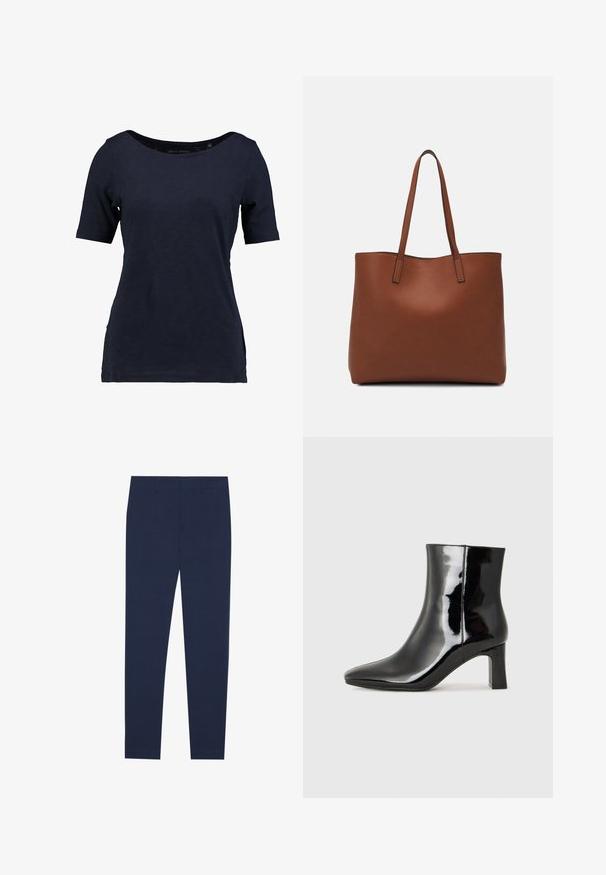 Navy blue short-sleeve t-shirt made of cotton. Features a scoop neckline and a relaxed fit with side slits for ease of movement.; Navy blue trousers made from smooth fabric, featuring a straight-leg design and a flat front. No visible patterns or accents.; Black patent leather ankle boot with a pointed toe and a mid-height block heel. Smooth texture and minimalist design.; Brown leather tote bag with a smooth texture, open top design, and two shoulder straps. Features minimal stitching and no visible hardware.