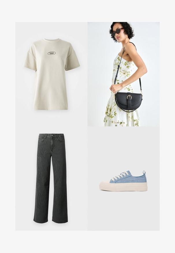 Kerge beež puuvillane t-särk lühikeste varrukatega, ümar kaelus, millel on must ovaalne graafika, mis kuulutab "JÄÄKOHV HOMME".; Laial jalgevahega teksad tumedas hallis denimis, millel on peen sablestriibuline tekstuur, kontrastne õmblemine ja viie tasku disain nupuga.; Heledad sinised kangast tennisekingad koorevärvi kummist varbakatte ja taldaga, millel on valged paelad ja tõmblukk kandadel.; Mustmust mustraha kõverate joontega, eemaldatava rihmaga ja kuldsete detailidega. Kotil on klapp, millel on pandladetail.