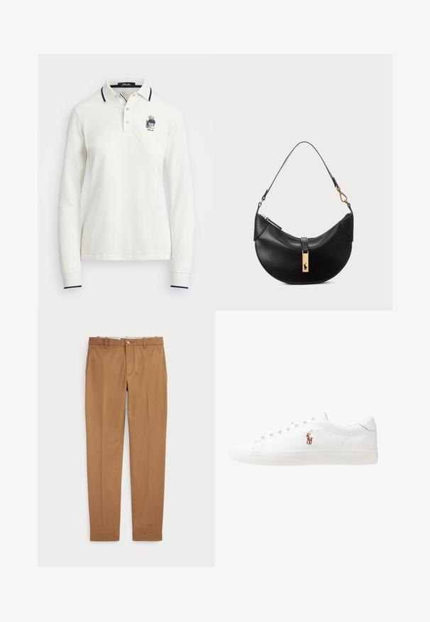 Garā piedurkņu balts polo krekls ar ribotu apkakli un tumši zilu akcentu, ar izšūtu logotipu kreisajā krūtī. Gluda kokvilnas auduma.; Brūni kokvilnas bikses ar šauru piegriezumu, plakanu priekšpusi un standarta kabatām; gluda tekstūra un apšūti manšetes.; Baltas ādas sporta apavi, zema dizaina, ar gludu tekstūru, noapaļotu purngalu, ar auklēm priekšpusē un nelielu izšūtu logotipu sānos.; Melnas ādas rokas soma pusmēness formas. Iezīmē zelta metāla akcentus un šauru siksniņu. Gluda tekstūra, rāvējslēdzēja aizdare augšpusē.