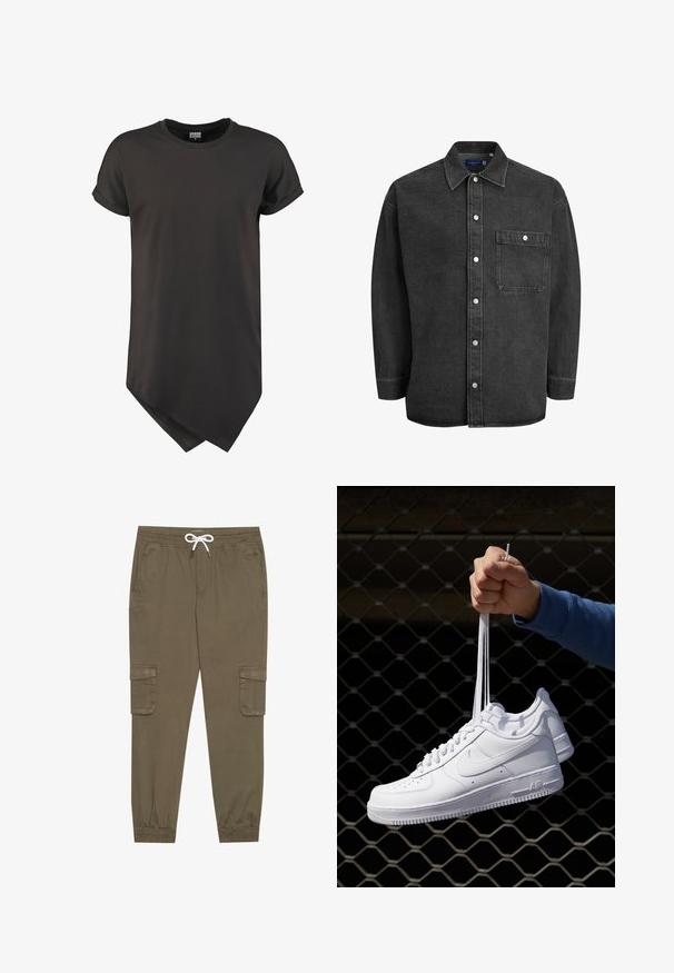 Crna majica kratkih rukava od glatkog materijala, s kružnim rubom i ležernim krojem s prevrnutim rukavima.; Crna traper košulja dugih rukava, s raširenim ovratnikom, gumbićima sprijeda i jednom džepom na prsima. Ima srebrne kopče na dugmadima i ležeran kroj.; Khački cargo hlače s elastičnom strukom i vezicom, s bočnim džepovima i suženim gležnjevima. Izrađene od teksturiranog, laganog materijala.; Bijele kožne tenisice s perforacijama, okruglim vrhom, ravnim potplatom i debelim vezicama, s vidljivim swoosh logom i natpisom "AIR" na peti.